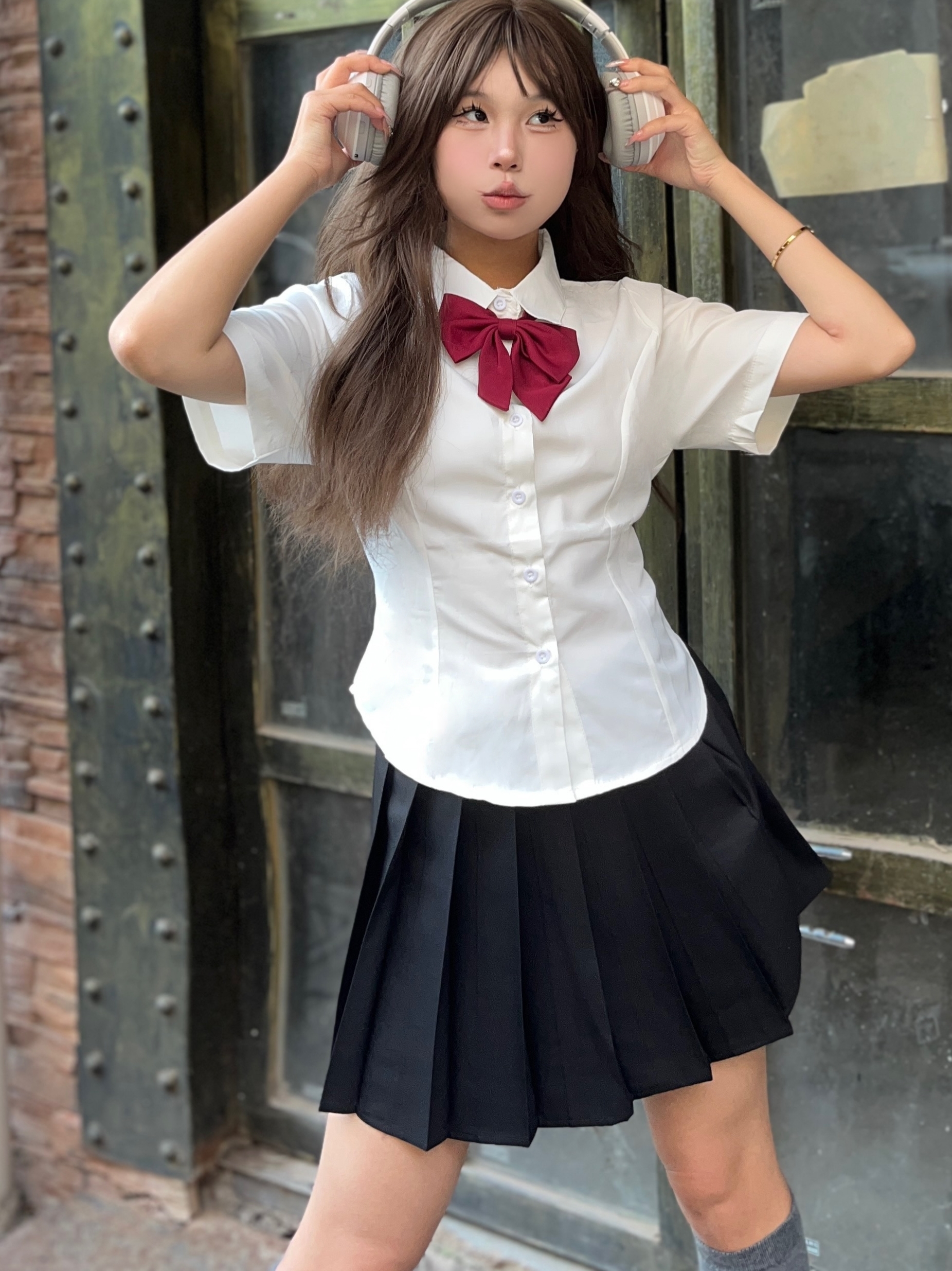 JK waist-closed shirt short-sleeved women's summer college style white slim-fitting shoulder slim top pleated skirt uniform set