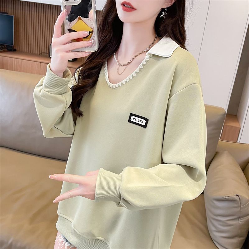 Real photos of Hua Cotton V-neck jacquard sweatshirt for women's new spring and autumn fashionable age-reducing loose design top trendy