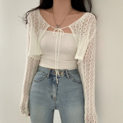 韓系chic夏季小眾百搭圓領系帶蝴蝶結鏤空寬鬆長袖防曬針織衫女
