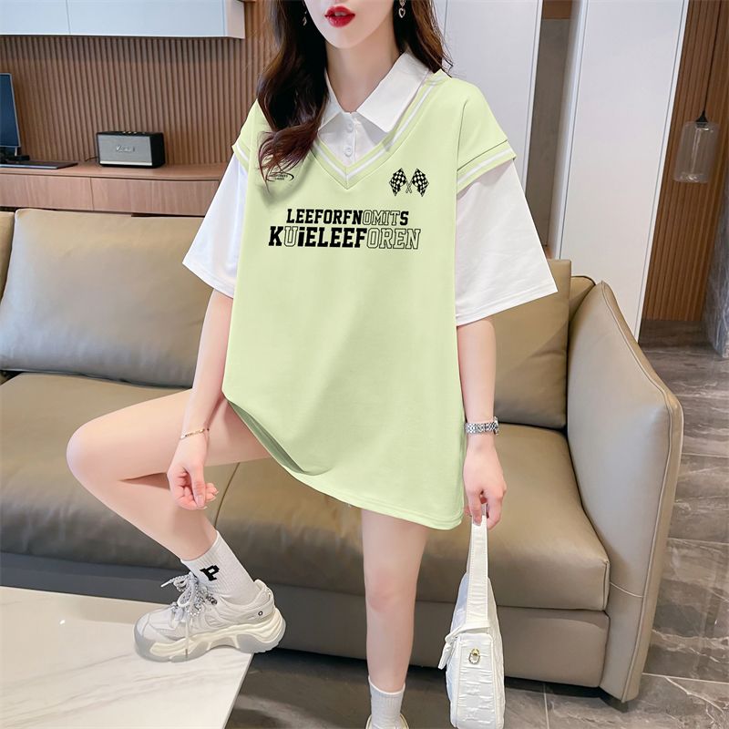 Real shot of polo neck fake two-piece T-shirt large-size women's new summer fashionable age-reducing loose short-sleeved top trendy