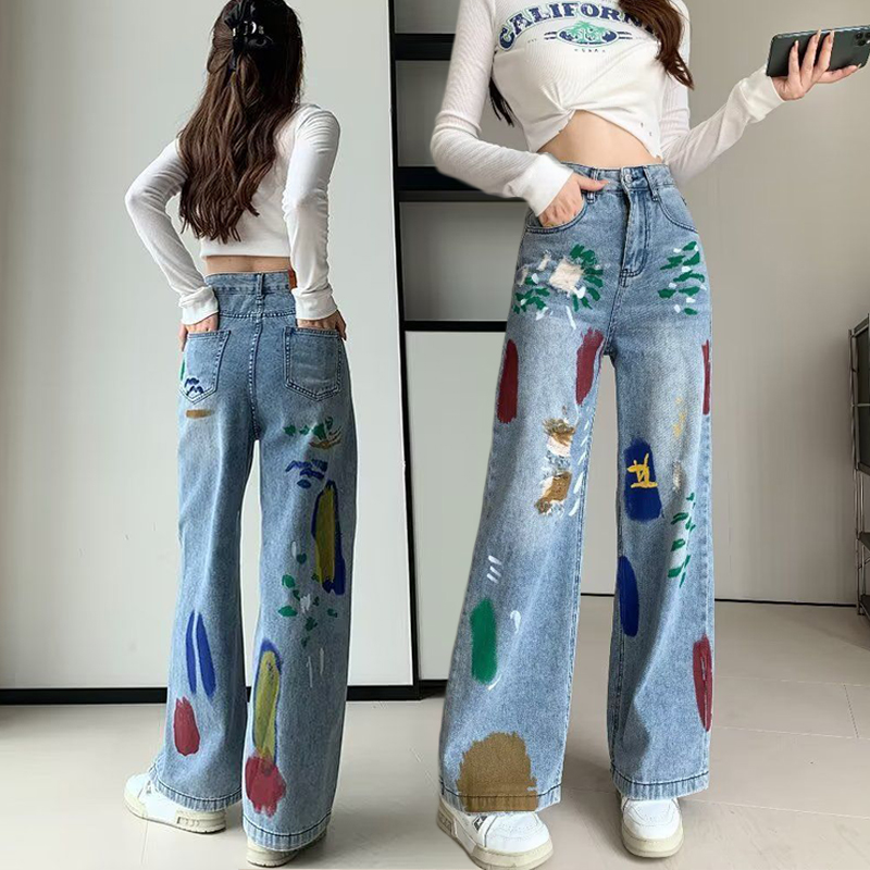 優質卡通塗鴉美式高街直筒牛仔褲女春夏高腰顯瘦設計感小眾闊腿褲