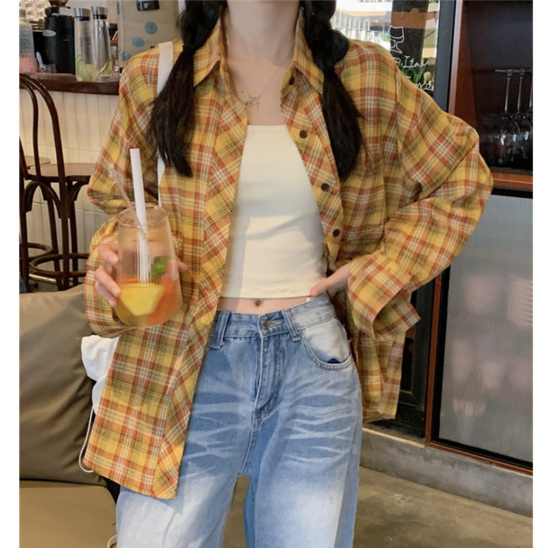 實拍 韓系多巴胺黃色格子防曬襯衫外套春季寬鬆休閒長袖襯衣
