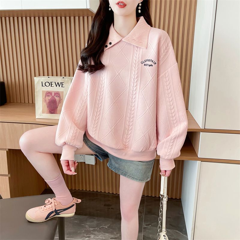 Real shot of polo neck jacquard sweatshirt for women's new spring and autumn fashionable age-reducing loose design top trendy