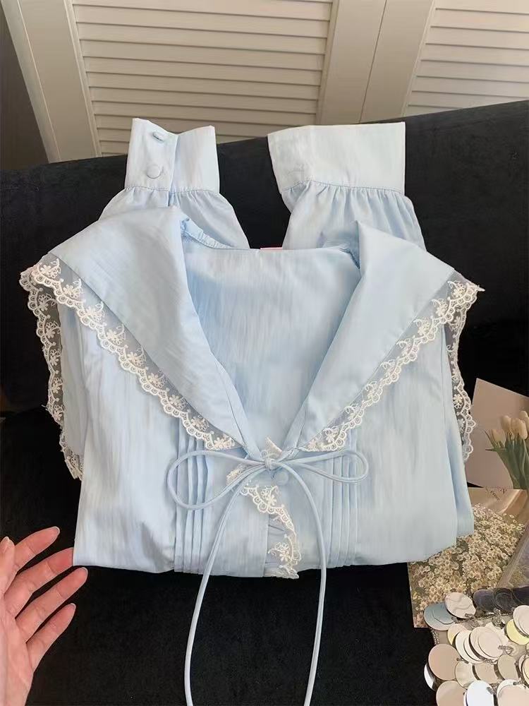 Spring new women's clothing, fashionable Korean temperament, simple navy neck long-sleeved shirt, high-end style, beautiful top
