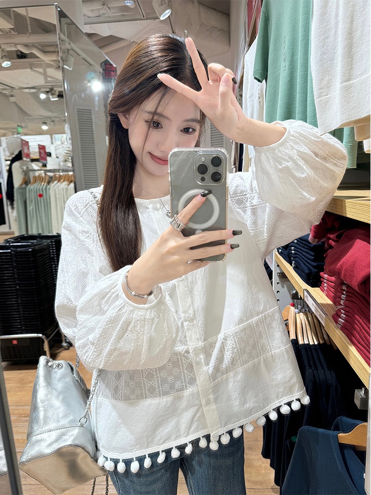 韓國chic純棉春季小個子減齡流蘇襯衫女設計感花邊長袖娃娃衫上衣