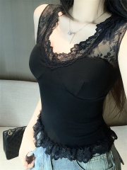 實拍 浪漫蕾絲邊V領法式吊帶背心性感帶胸墊一體美背辣妹上衣