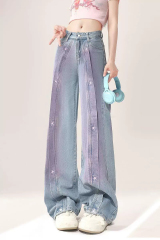 American retro embroidered star jeans for women high street vibe high waist straight loose loose slimming wide-leg floor trousers