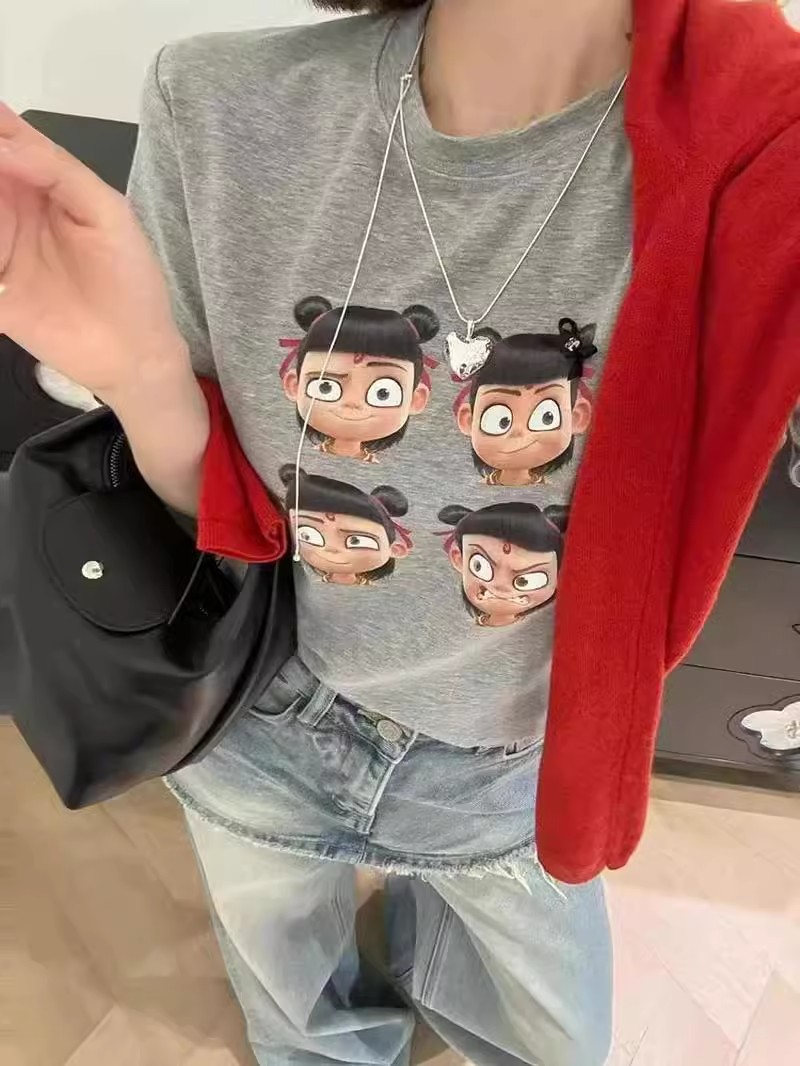 2025春夏新款韓版小哪吒卡通印花短袖T恤女寬鬆百搭正肩顯瘦上衣