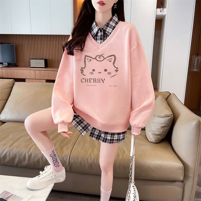 Real shot of plaid polo neck fake two-piece sweatshirt for women's new spring and autumn fashionable age-reducing loose design top