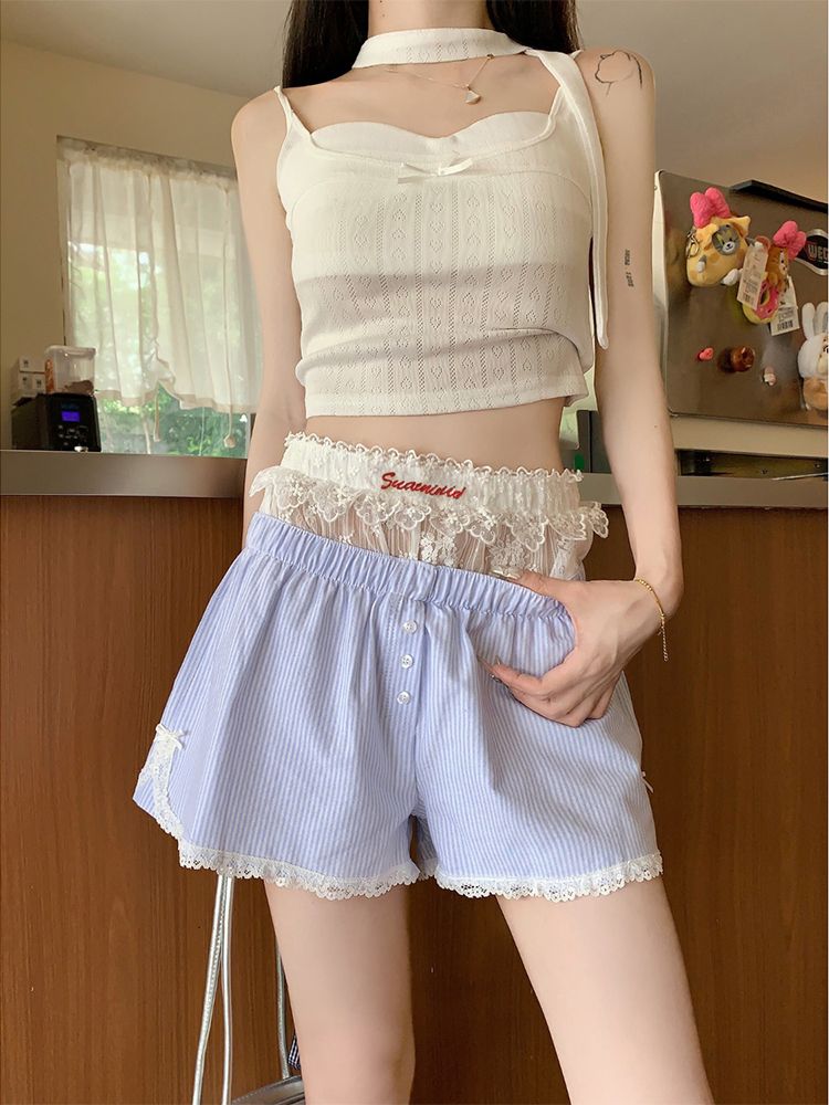 韓國chic純欲甜辣休閒短褲女夏季2025新款蕾絲打底褲條紋闊腿褲潮