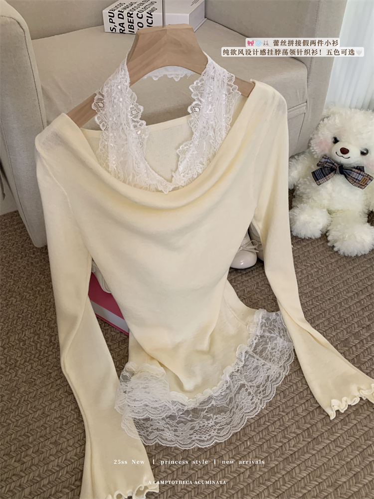 Real shot of 25 years French fake two-piece lace halter neck long sleeve T-shirt for women waist knitted sweater design top