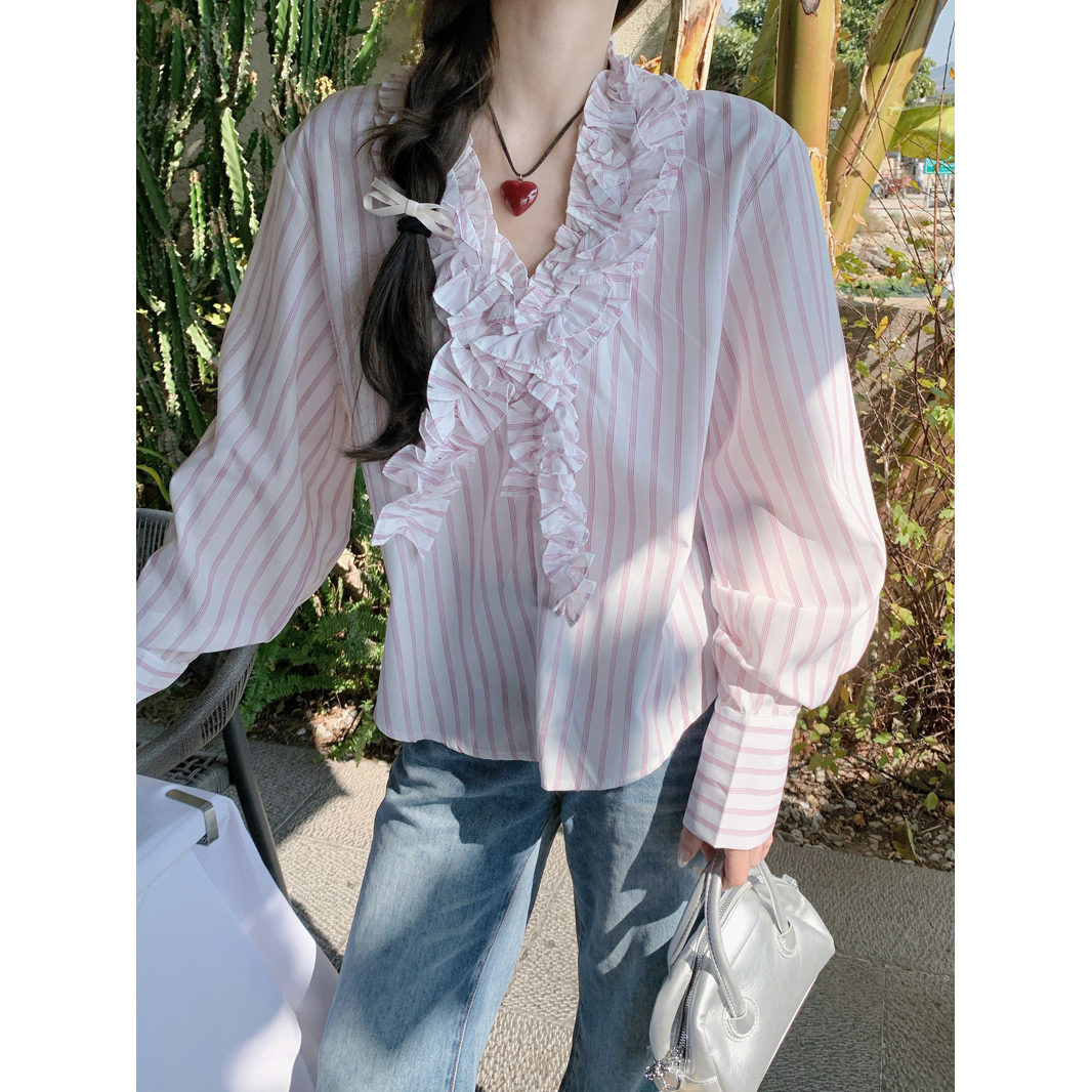 French style light pink V-neck stamen striped long-sleeved shirt for women in spring and summer 2025 thin top
