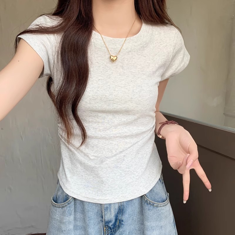 純棉2025年夏季韓版修身魚骨顯瘦設計感百搭純色純棉短袖女T恤