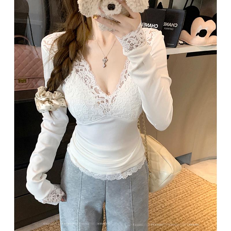 帶胸墊 春季新款性感辣妹蕾絲拼接V領拼接長袖上衣顯瘦修身打底衫