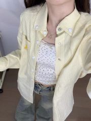 非實拍美式復古黃色條紋plol領襯衫外套寬鬆休閒開衫慵懶上衣