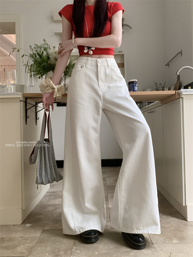 實拍美式復古闊腿牛仔褲女新款慵懶風鬆弛感寬鬆直筒拖地長褲