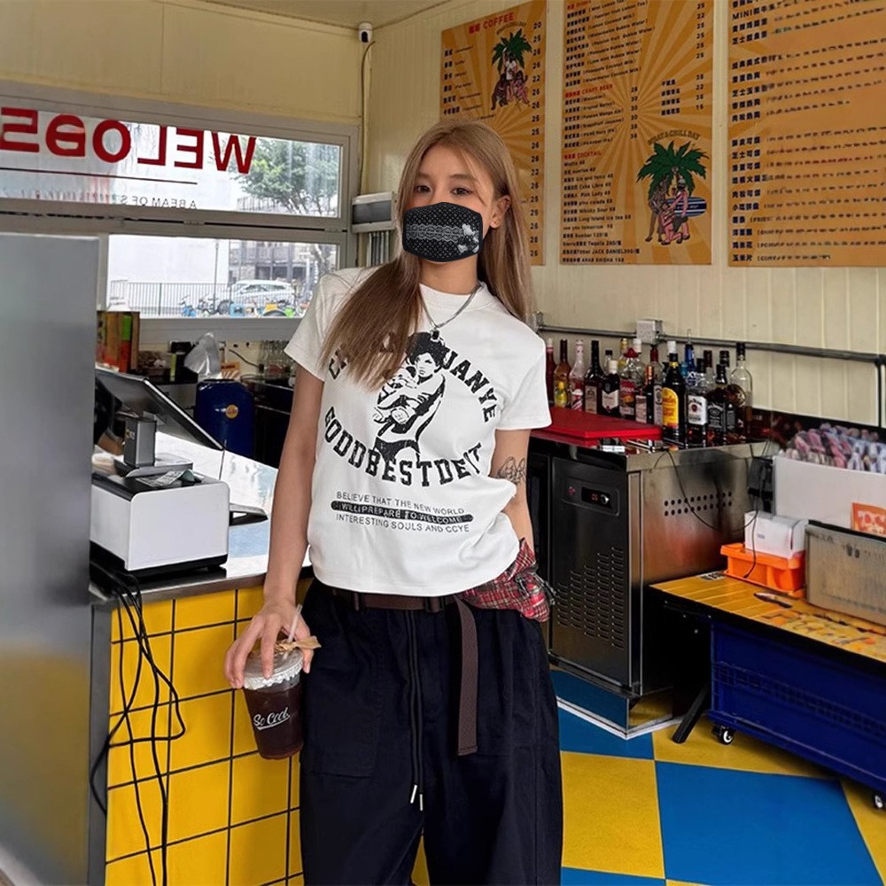 韓國chic純棉後包領夏季新款韓版美式印花修身高彈辣妹短袖T恤女