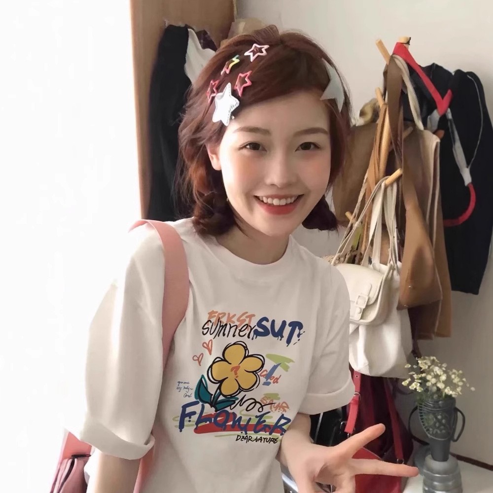 韓國chic純棉後包領2025夏季新款韓版美式印花寬鬆版短袖T恤女潮
