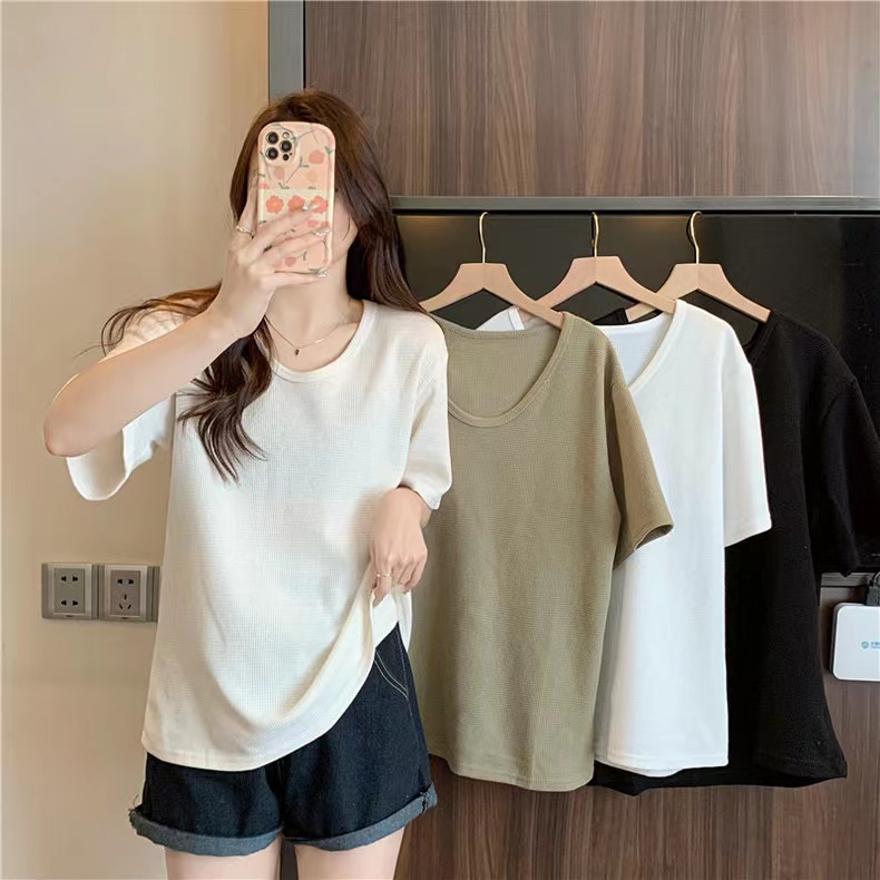 Real shot of 6535 cotton waffle V-neck short-sleeved T-shirt for women