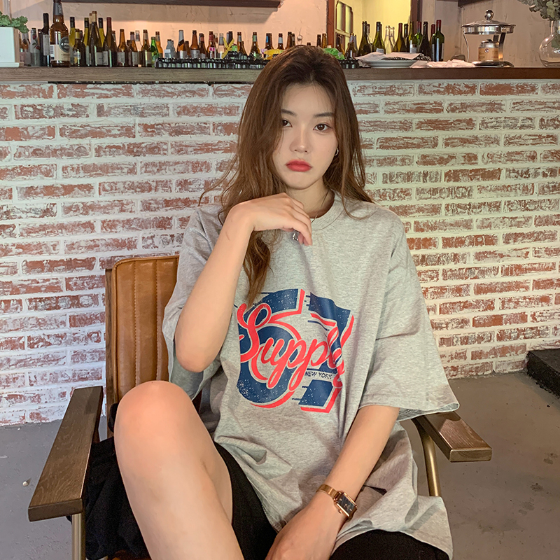 200g pure cotton, new summer loose casual retro letter printing mid-length short-sleeved T-shirt for women