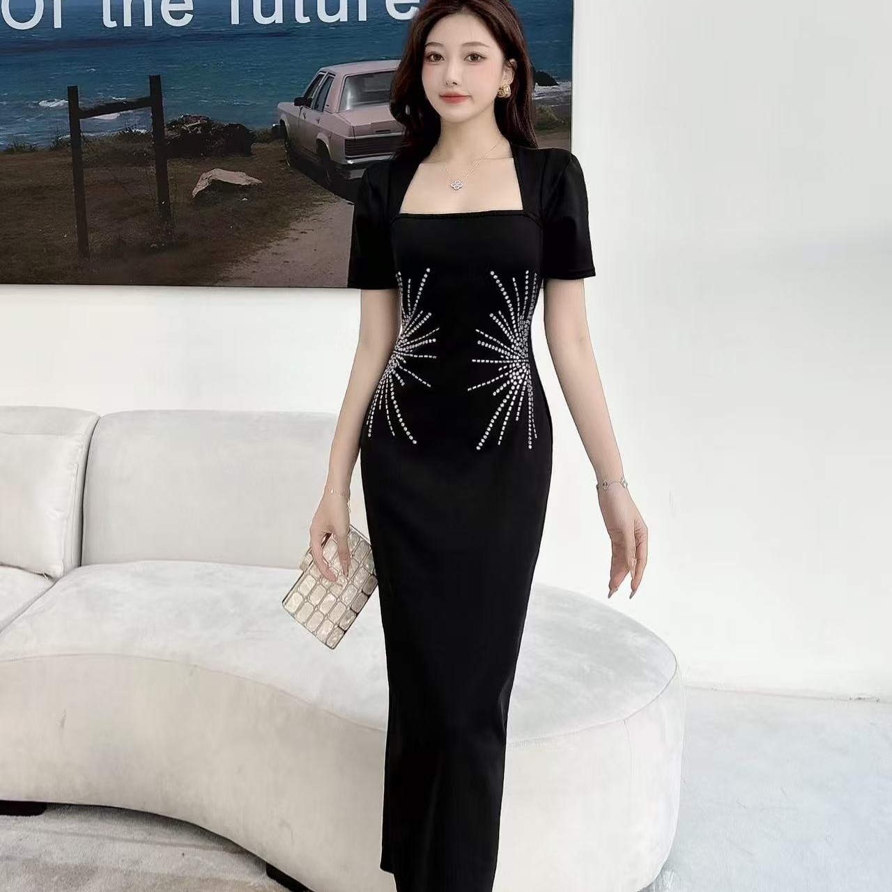 Real shot pure desire dress for women's positioning nail drill light luxury high-end long skirt dress