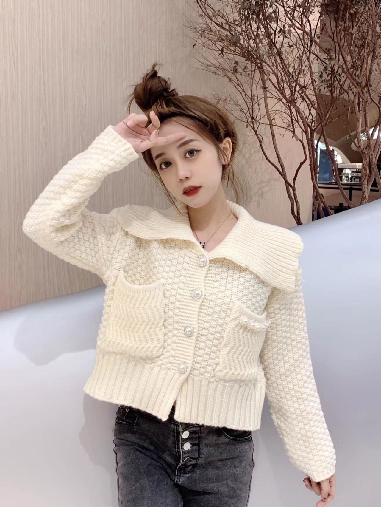 韓國時尚大翻領毛衣外套女秋季新款韓版洋氣寬鬆外穿加厚針織開衫