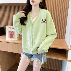 Real shot of fake two-piece color-blocking V-neck cardigan spring and autumn new design cardigan jacket top