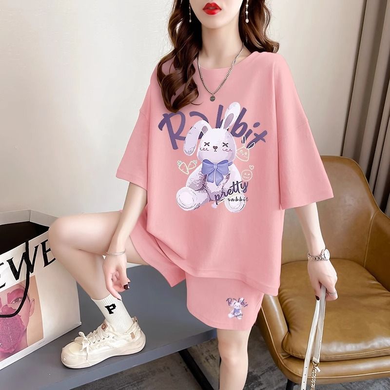 Real photos and smooth cotton casual sportswear suits for summer new style student shorts T-shirts large size two-piece set women's fashion