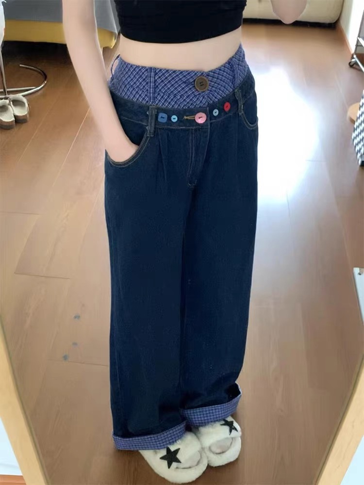 2025 summer new large-size design plaid spliced ​​double waist fake two-piece jeans straight wide-leg pants