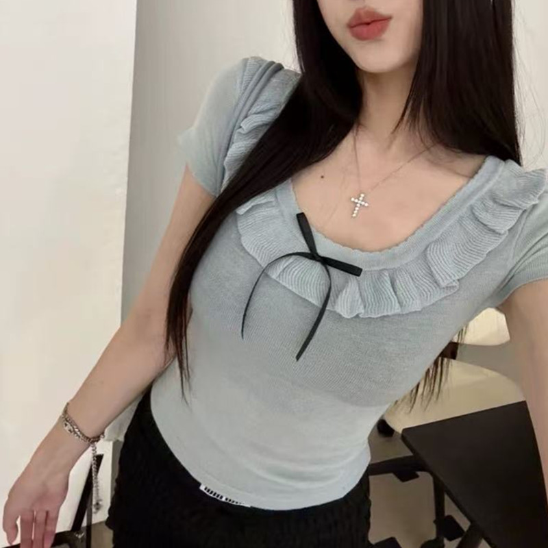 非實拍 短袖新款夏季設計感辣妹小眾短款蝴蝶木耳邊針織上衣