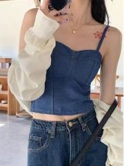 非實拍 辣妹牛仔胸衣吊帶背心女內搭修身短款帶胸墊打底上衣
