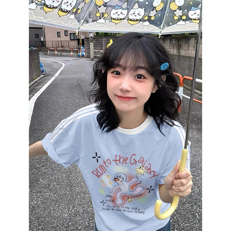 Pure cotton large-size women's T-shirt spring and summer new design Korean loose short-sleeved cartoon printed T-shirt top for women