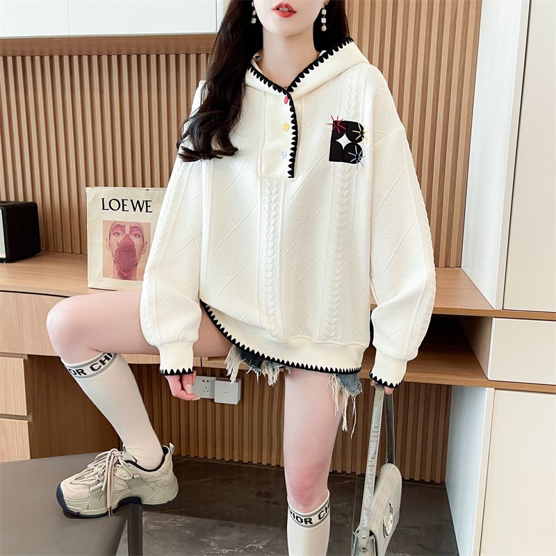 Real shot design-sensing jacquard hooded sweatshirt for women loose Korean new spring and autumn street-fried top