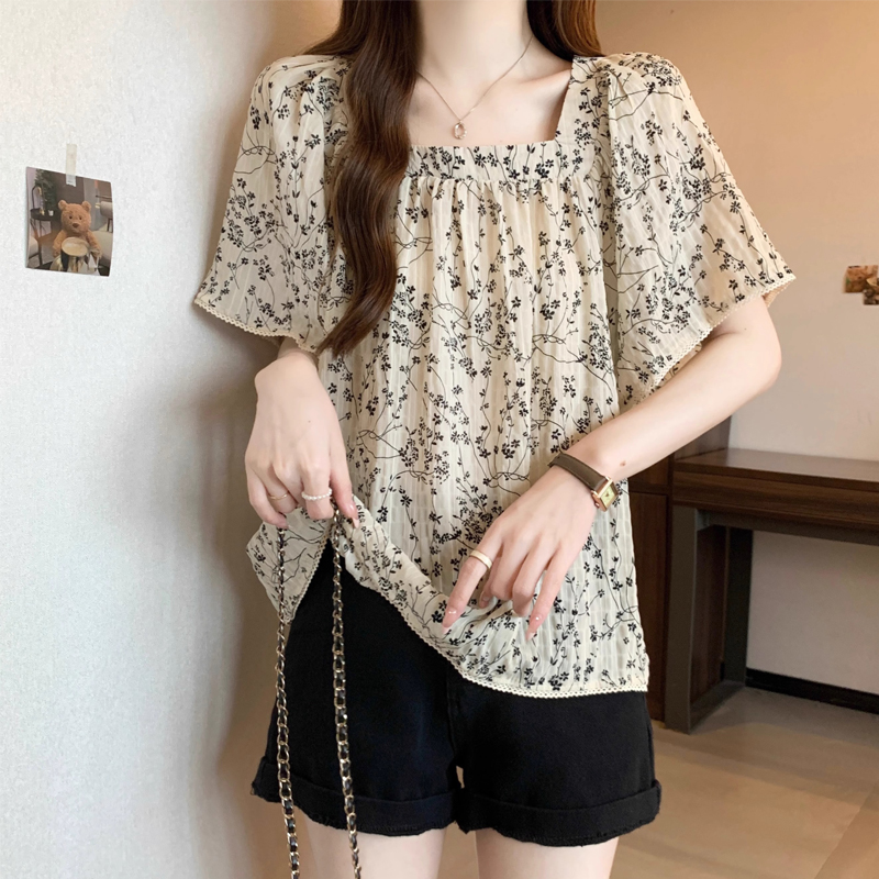 Original workmanship large-size French lace floral short-sleeved shirt for women's summer fat mm belly-covering and slimming loose top