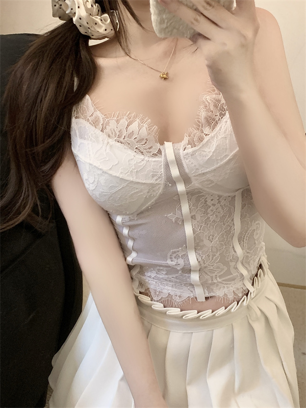 實拍 純欲蕾絲魚骨吊帶背心內搭帶胸墊美背內衣性感打底上衣