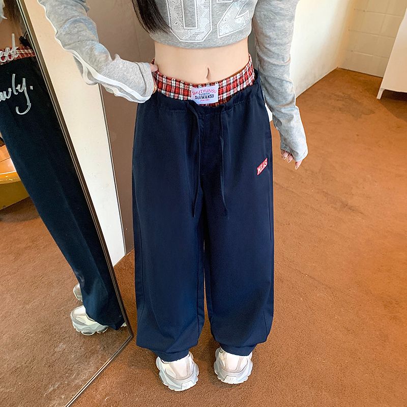 Real shot American style waist splicing fake two-piece sports casual pants for women's large size early autumn loose straight wide-leg pants