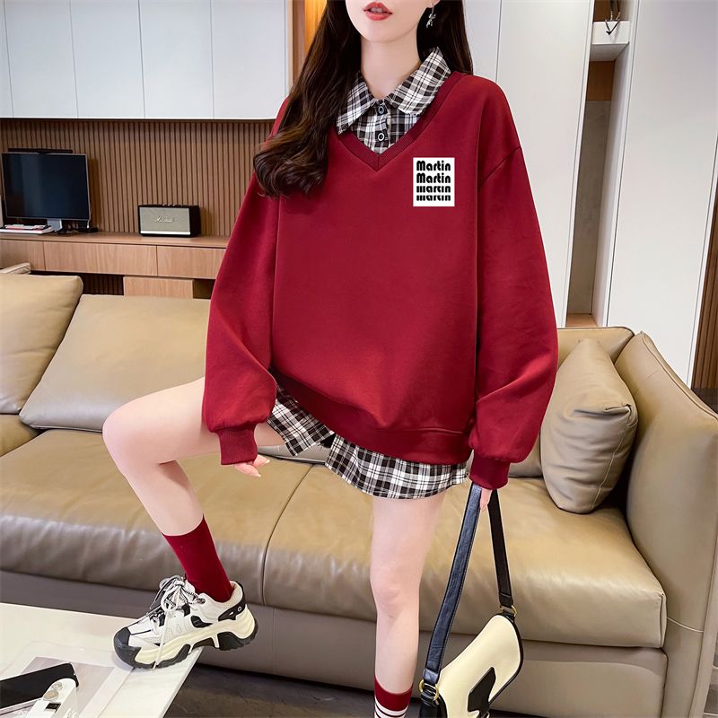 Real shot of plaid polo neck fake two-piece sweatshirt for women's new spring and autumn fashionable age-reducing loose design top