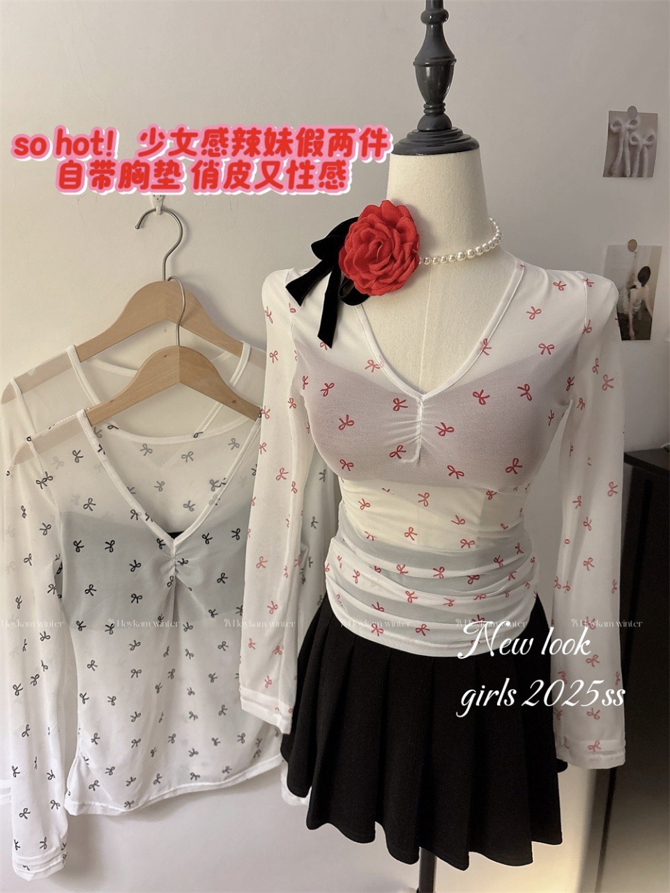 Pure sexy sexy hot girl mesh bow long-sleeved T-shirt with breast pads inside slim fit slim base shirt trendy