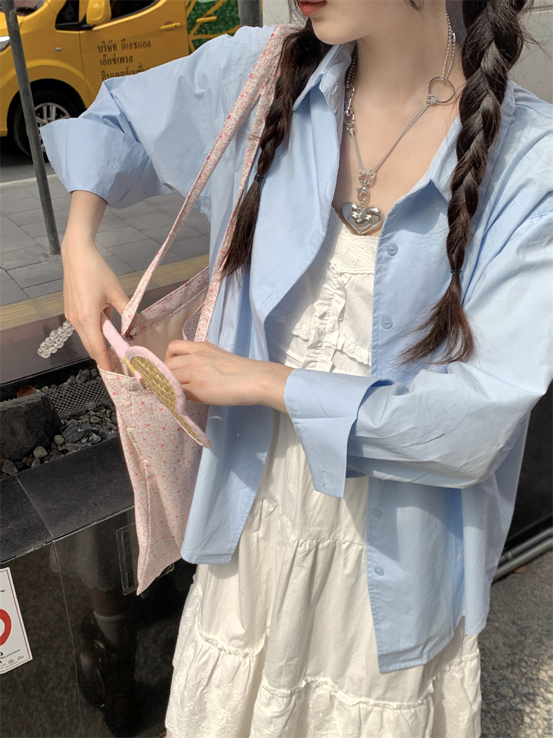 實拍 藍色襯衫新款春夏季防紫外線開衫外套時髦洋氣防曬襯衣