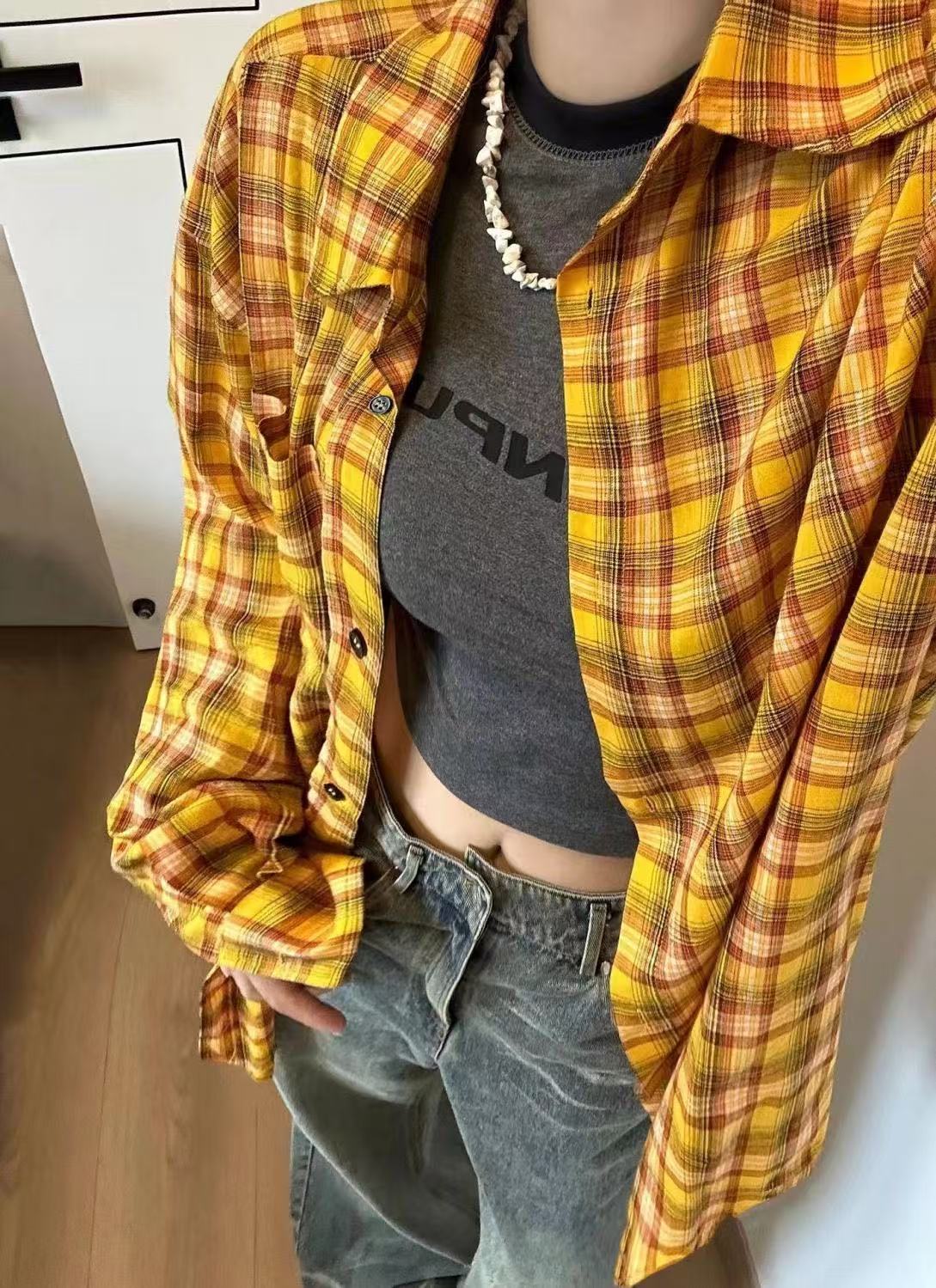 非實拍 美式復古多巴胺黃色格子襯衫開衫上衣翻領獨特外套潮