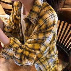 非實拍 韓系黃色格子襯衫外套春新款設計感小眾長袖襯衣上衣