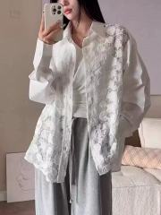 非實拍 chic別致襯衣正反面蕾絲拼接襯衣外套設計感寬鬆上衣