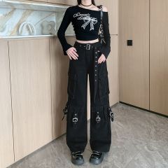 Real shot ~ American high street multi-pocket work jeans for women with high waist straight loose wide-leg pants floor-sliding pants