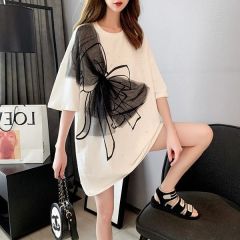 2025 New Plus-Size Relaxed Style Design Sense Uncommon Butterfly Knot Medium-Long Sleeve Short-Sleeve T-Shirt