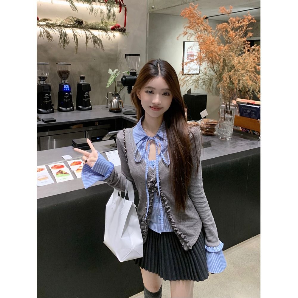 Original style design short fake two-piece knitted cardigan spring college style hot girl underwear top