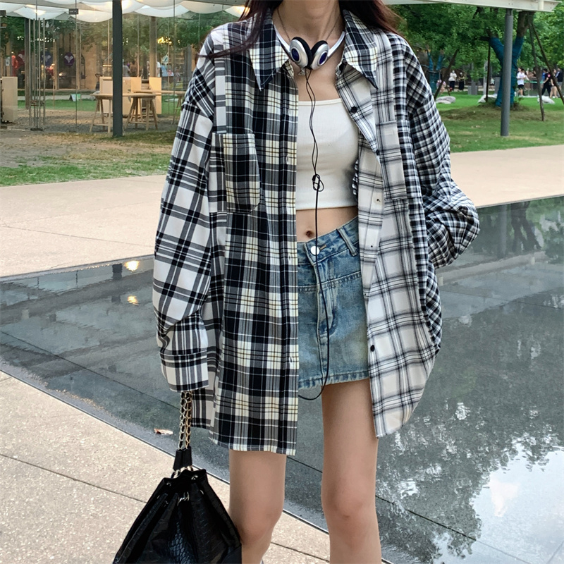 實拍 美式復古拼接格子長袖襯衫設計感小眾襯衣寬鬆上衣外套