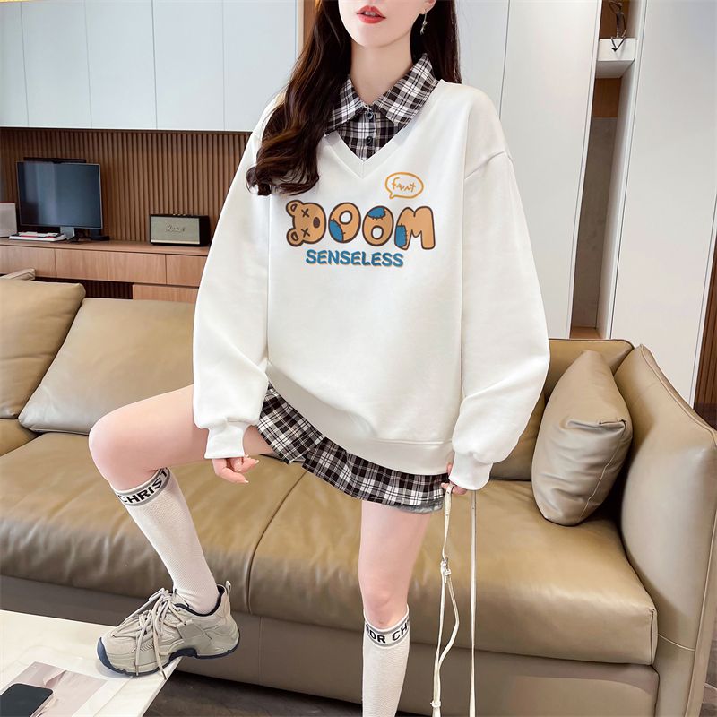 Real shot of plaid polo neck fake two-piece sweatshirt for women's new spring and autumn fashionable age-reducing loose design top