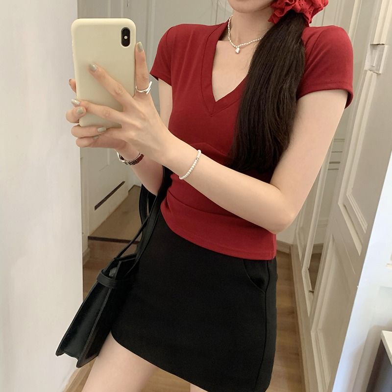 人棉 好品質別致分割拼接V領短袖T恤女夏正肩短款辣妹上衣
