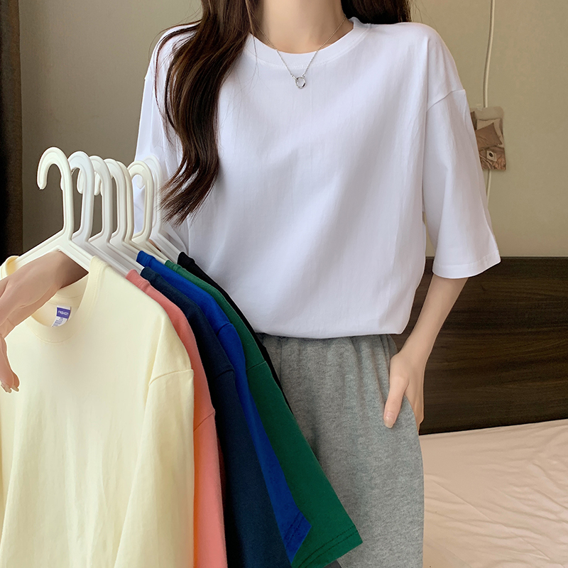 Large size 260g heavy pure cotton summer half-sleeved loose Korean version solid color simple short-sleeved T-shirt for women and men