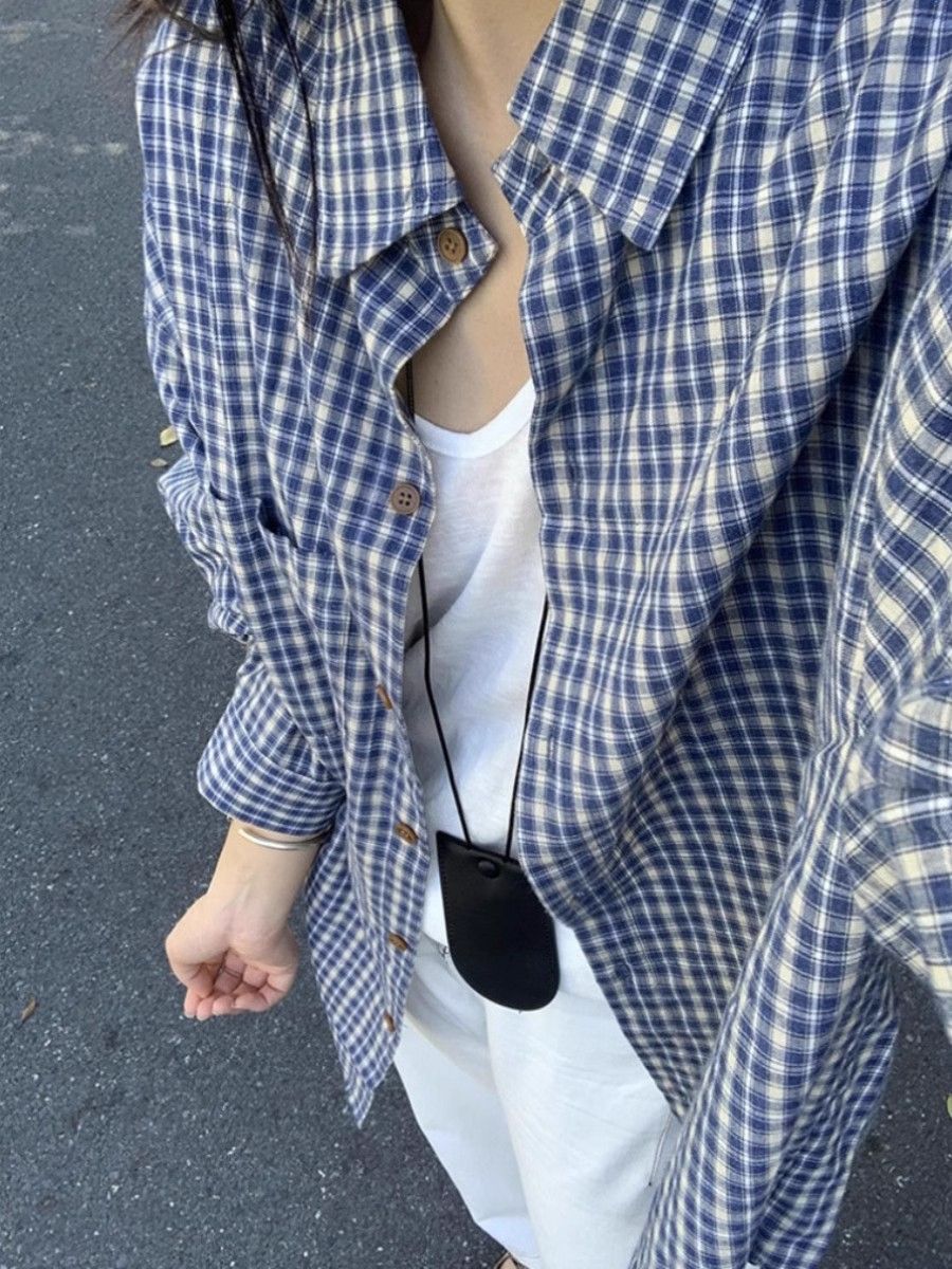 Korean blue plaid shirt for women in spring new lazy style shirt loose and slim large size top